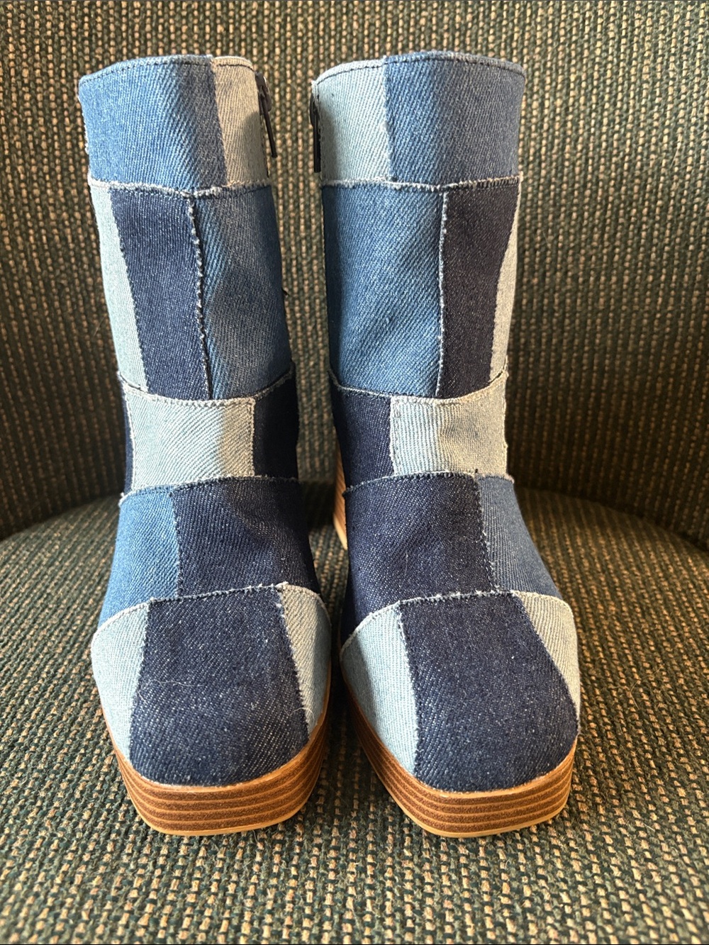 Patchwork Denim Platform Ankle Boots - Blue Multi - Picture 2 of 8